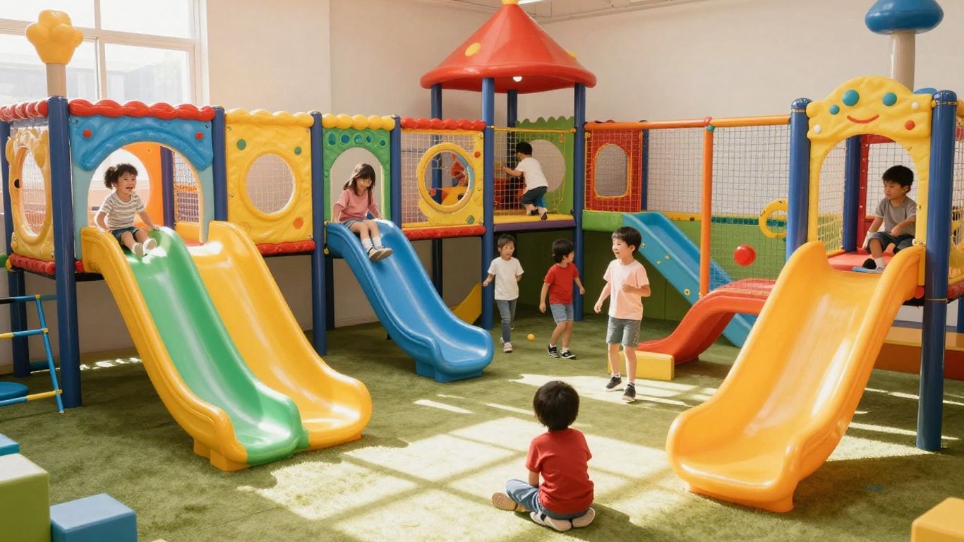 Kids playing in a colourful indoor playground.
