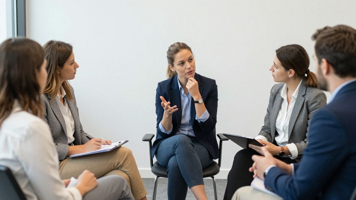 Diskutierende Geschäftsleute im Büro, dezente blaue Akzente.