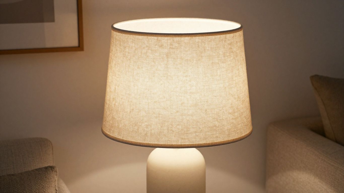 Large linen lamp shade in a cozy living room.