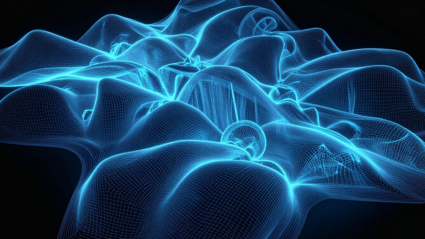3D scan of architectural model with glowing blue lines.