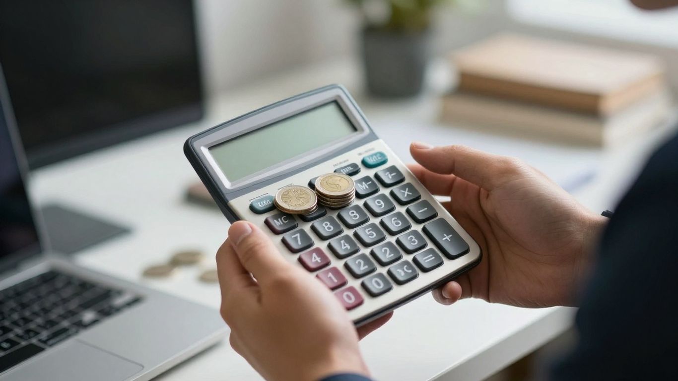 Hands with calculator and coins, SEO cost concept.