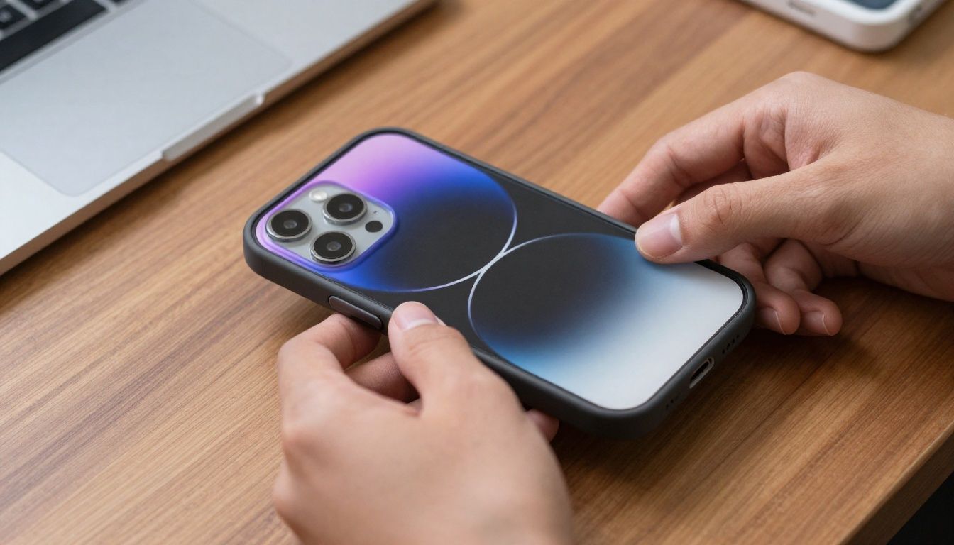 A person carefully putting a new protective case on their iPhone 14 Pro Max at a wooden desk.