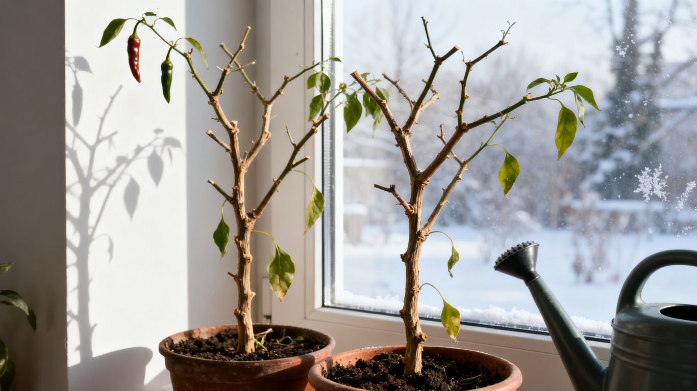 Chilipflanzen im hellen frostfreien Winterquartier