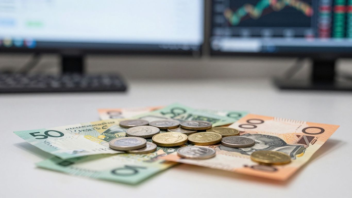 Australian dollar coins and banknotes on a desk.