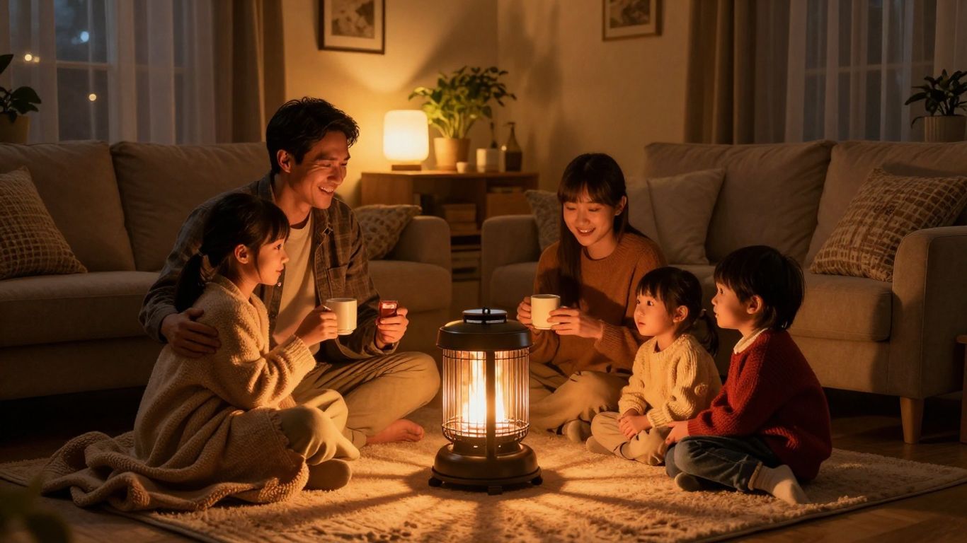 Family staying warm with alternative heating during power outage.