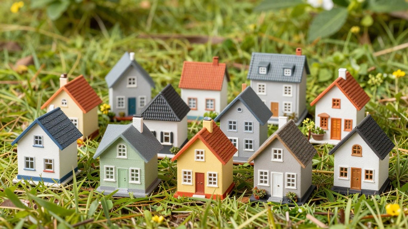 Tiny home community landscape with diverse miniature houses.