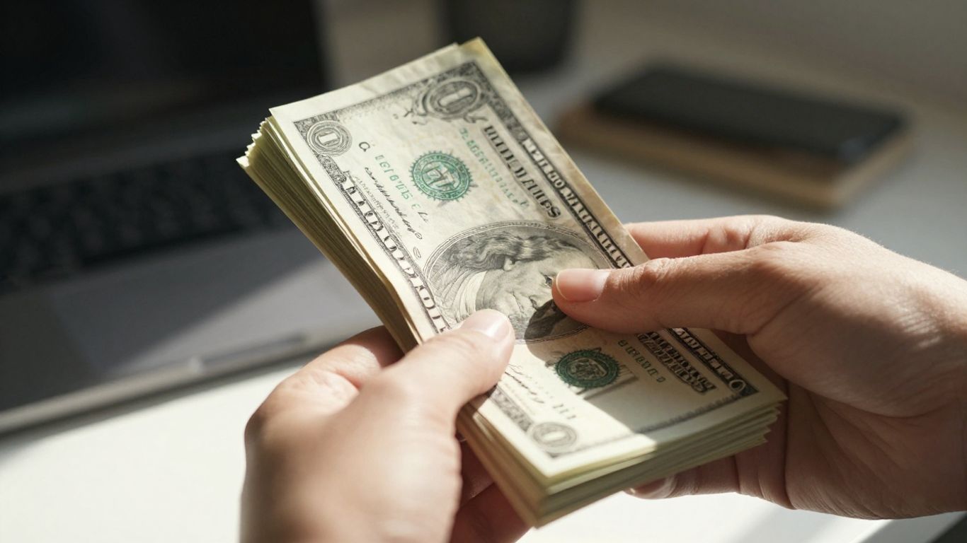 Hand holding stack of dollar bills, symbolizing affiliate marketing earnings.