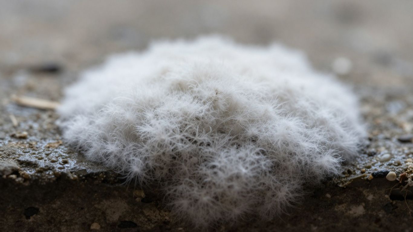 Close-up of white mold on a surface.