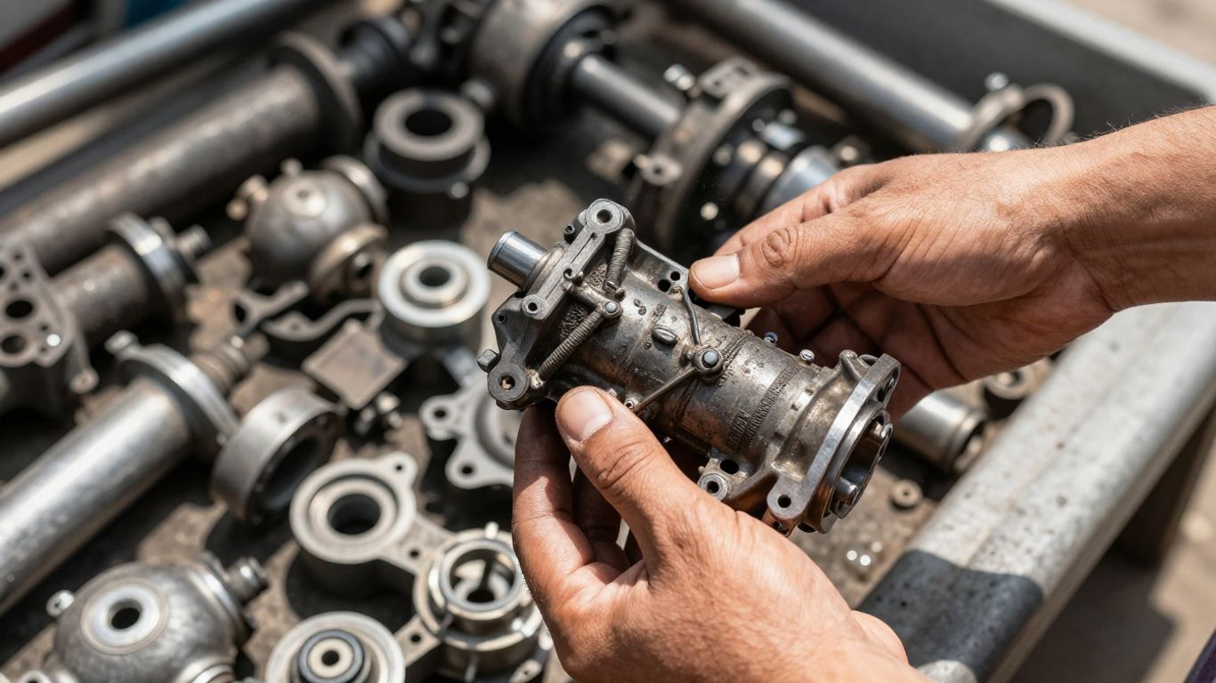 Mechanic holding transmission part with car parts background