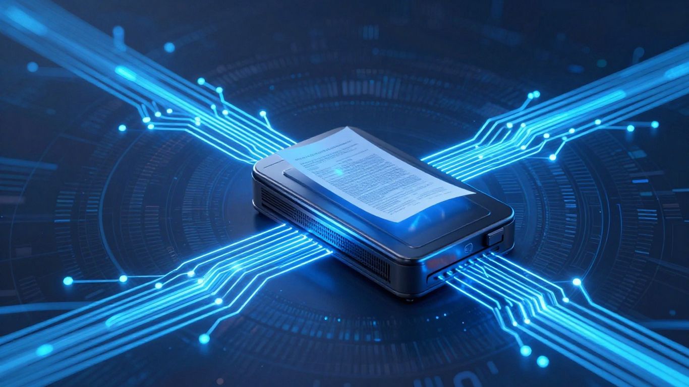 AI document scanner with glowing circuits and light beams.