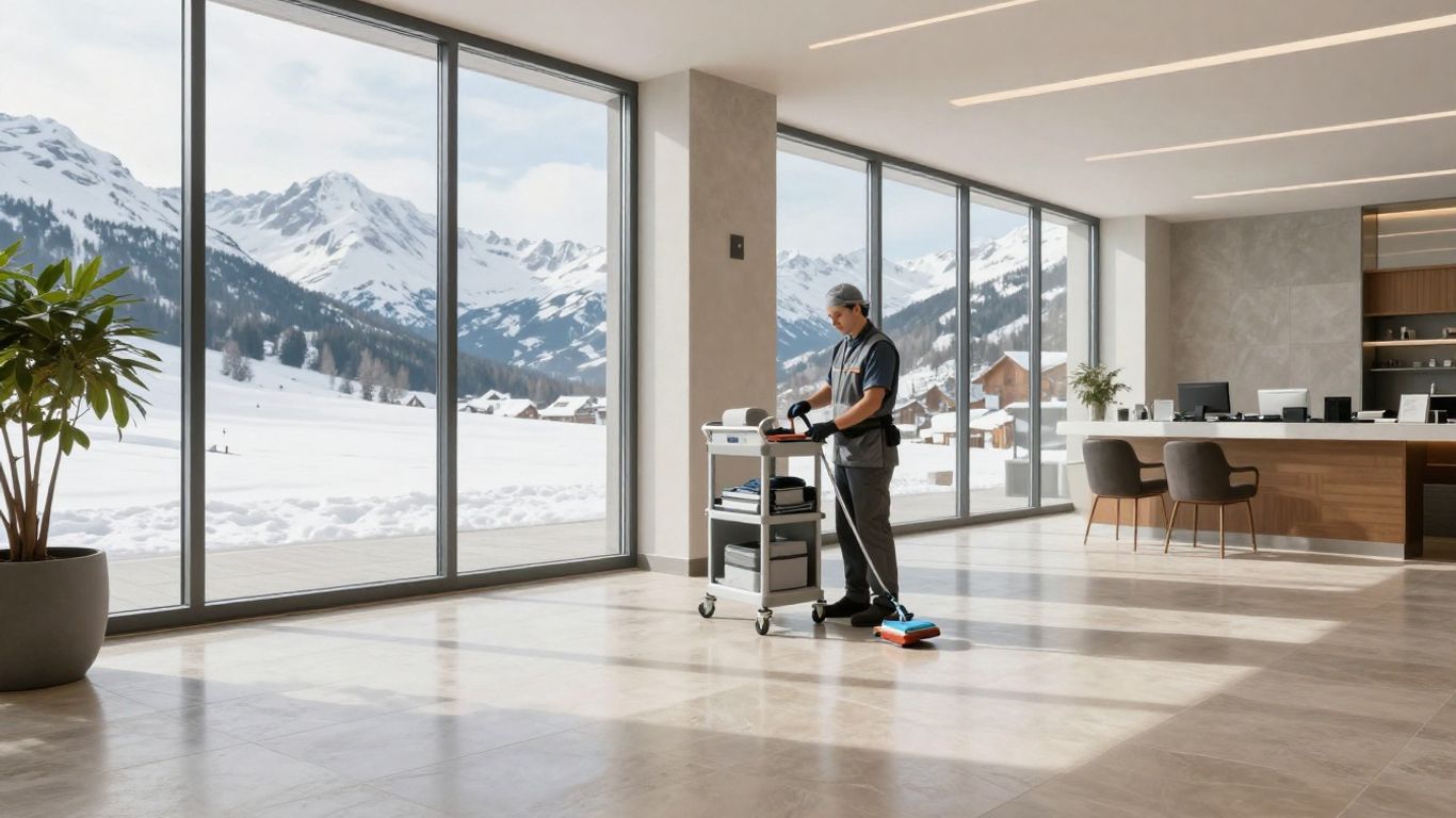 Agent nettoyant un hall alpin lumineux