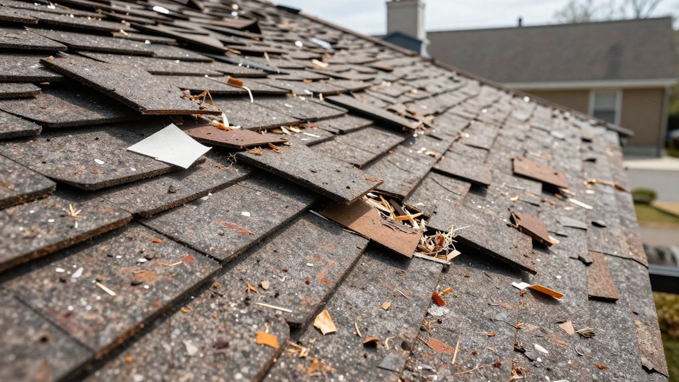 Damaged roof shingles after a storm with debris.