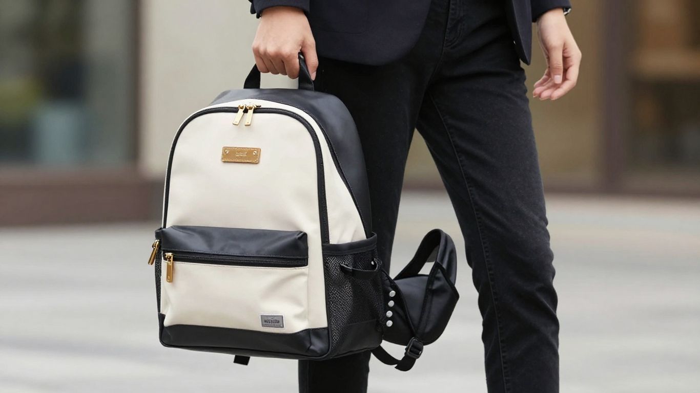 Stylish parent with designer diaper bag backpack.