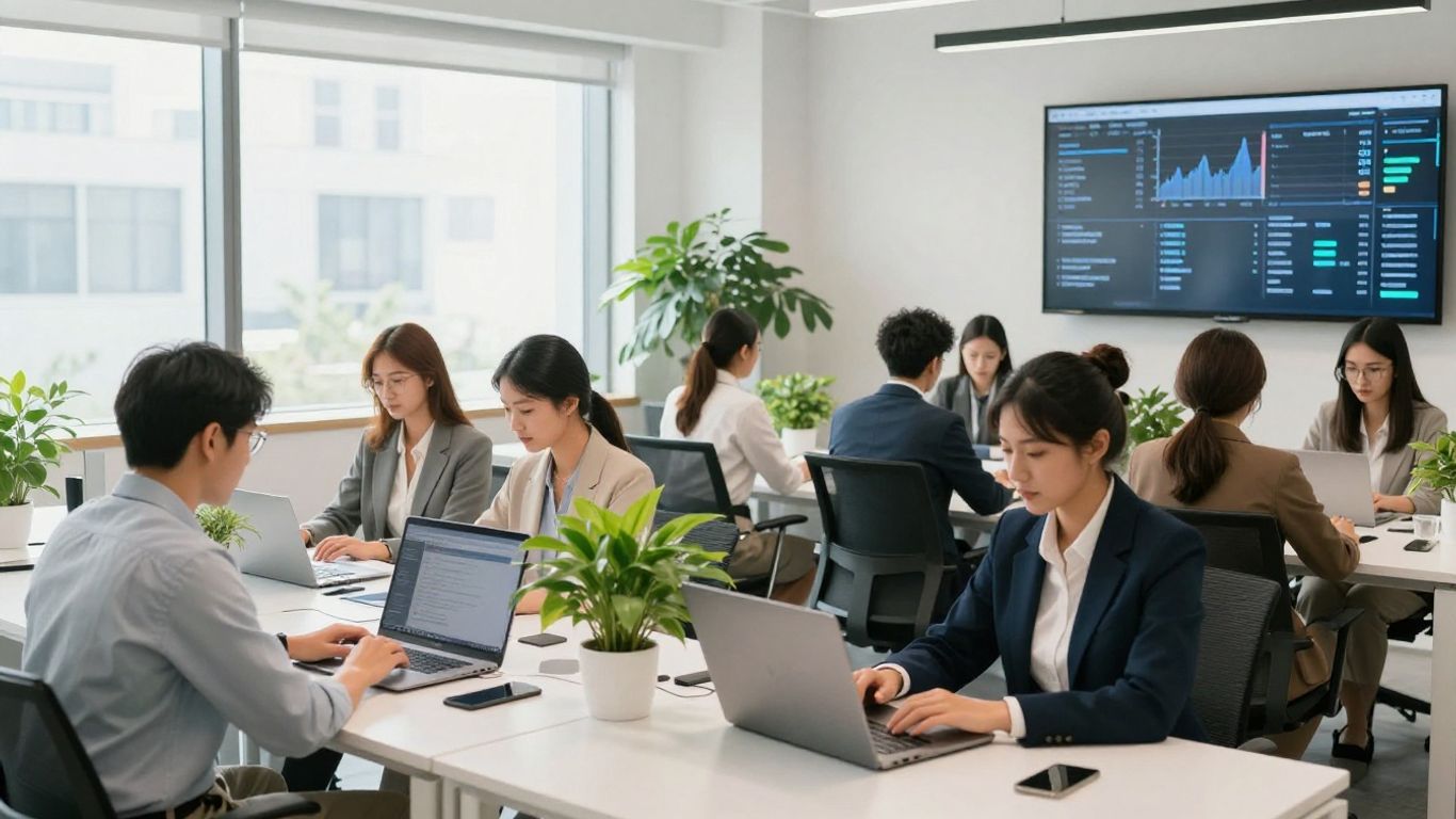 A team of professionals collaborating in a bright, modern office space to coordinate communication and outreach