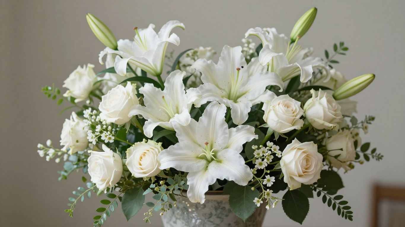 Elegant white lilies and roses floral arrangement.