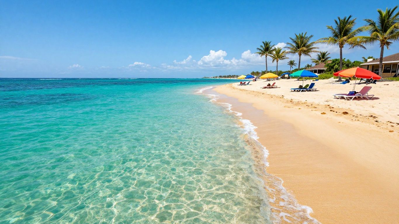 Summer beach with palm trees and umbrellas