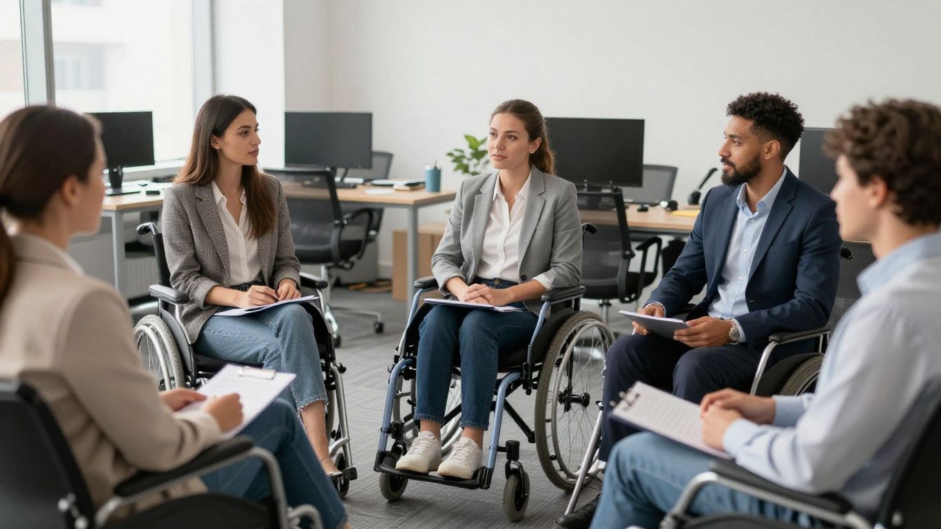 Disabled individuals in a professional interview setting.