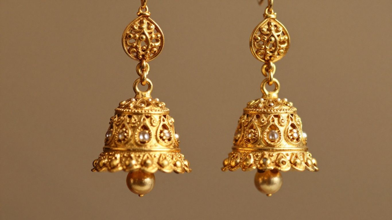 Golden jhumka earrings with intricate traditional designs.