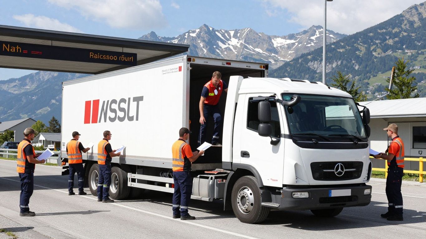 Auto auf LKW an Schweizer Grenze mit Arbeitern