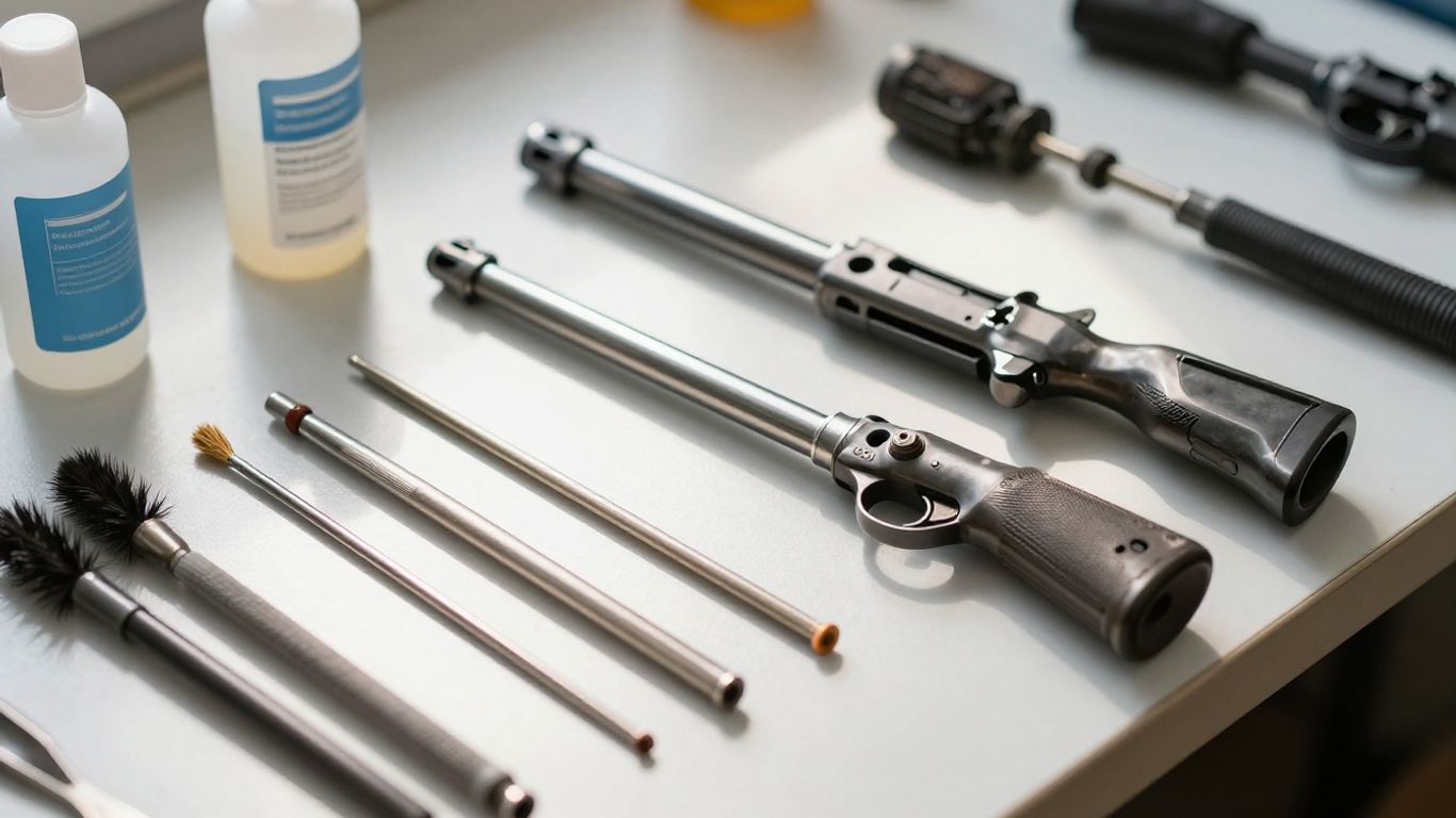 Firearm parts and cleaning supplies on a workbench.