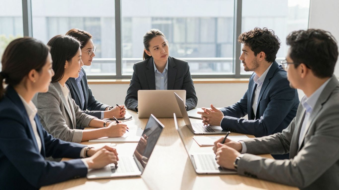 Professionals collaborating in a bright, modern office environment.