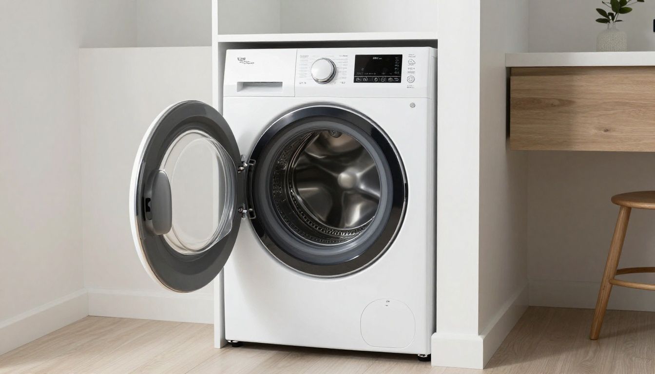 A clean, modern laundry room with an efficient dryer setup emphasizing safety and proper airflow