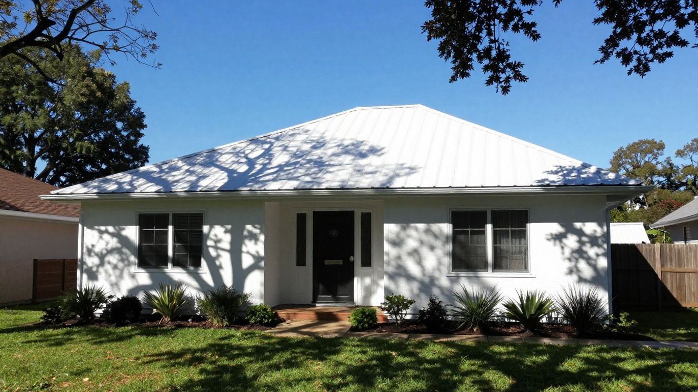 House with a bright white, reflective roof under a blue sky.