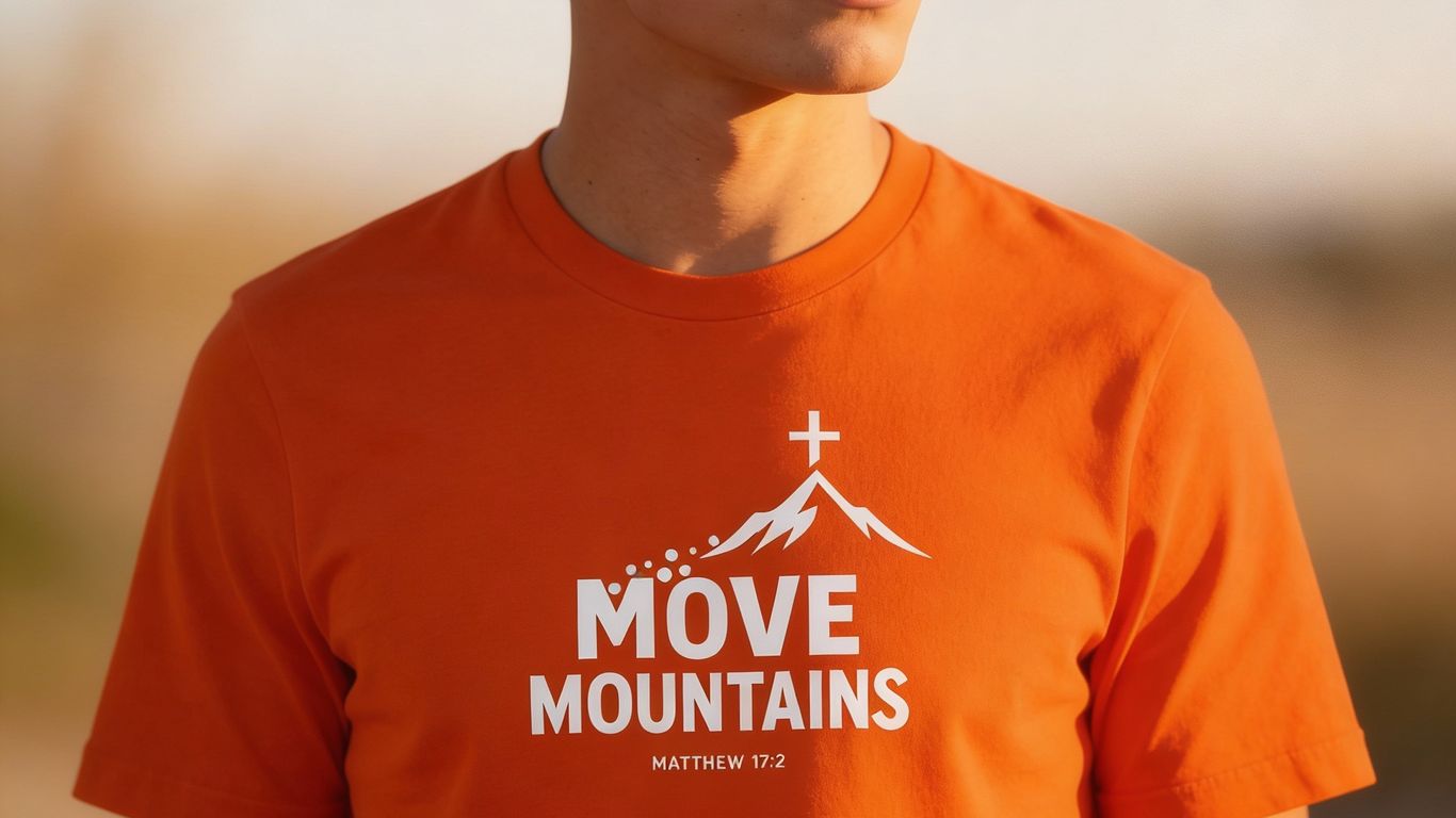 Orange t-shirt with white text and mountain graphic, Matthew 17:2.