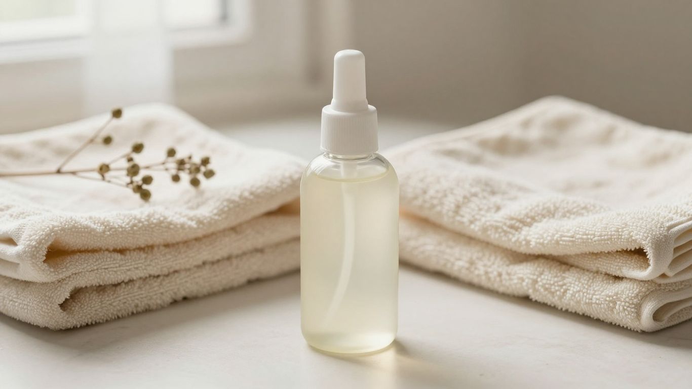A glass bottle of silky lubricant beside folded towels