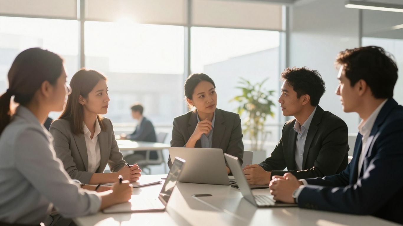Business professionals collaborating in a modern office.
