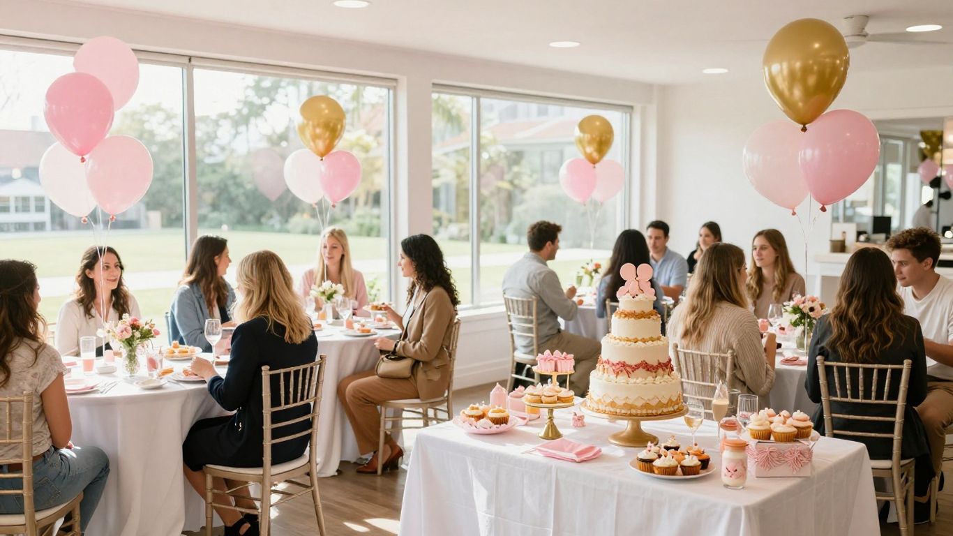 Elegant Dallas baby shower venue with balloons and cake.