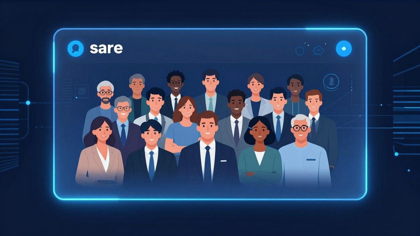 AI chatbot assisting diverse customers with glowing interface.