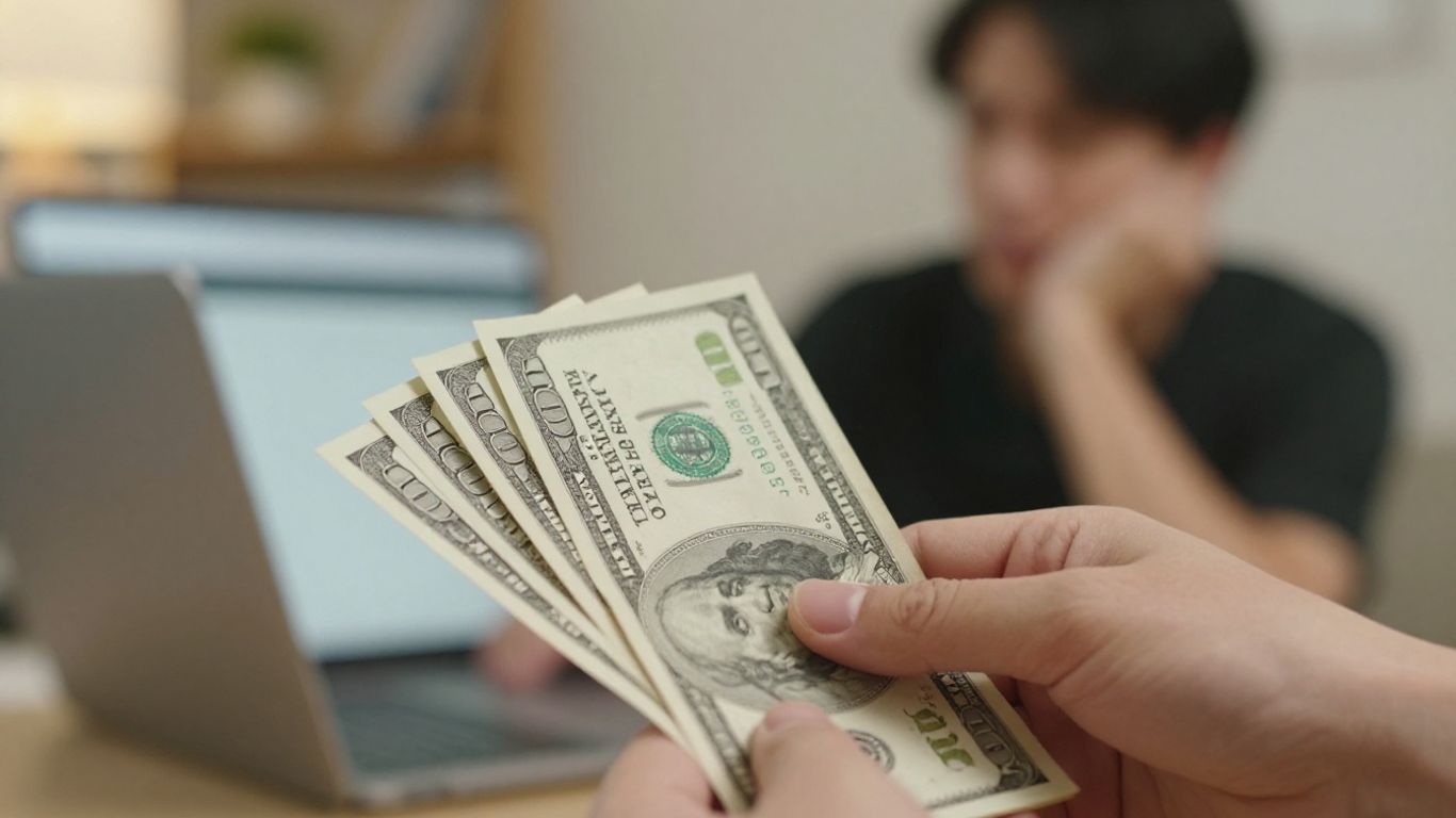 Hand holding money near laptop