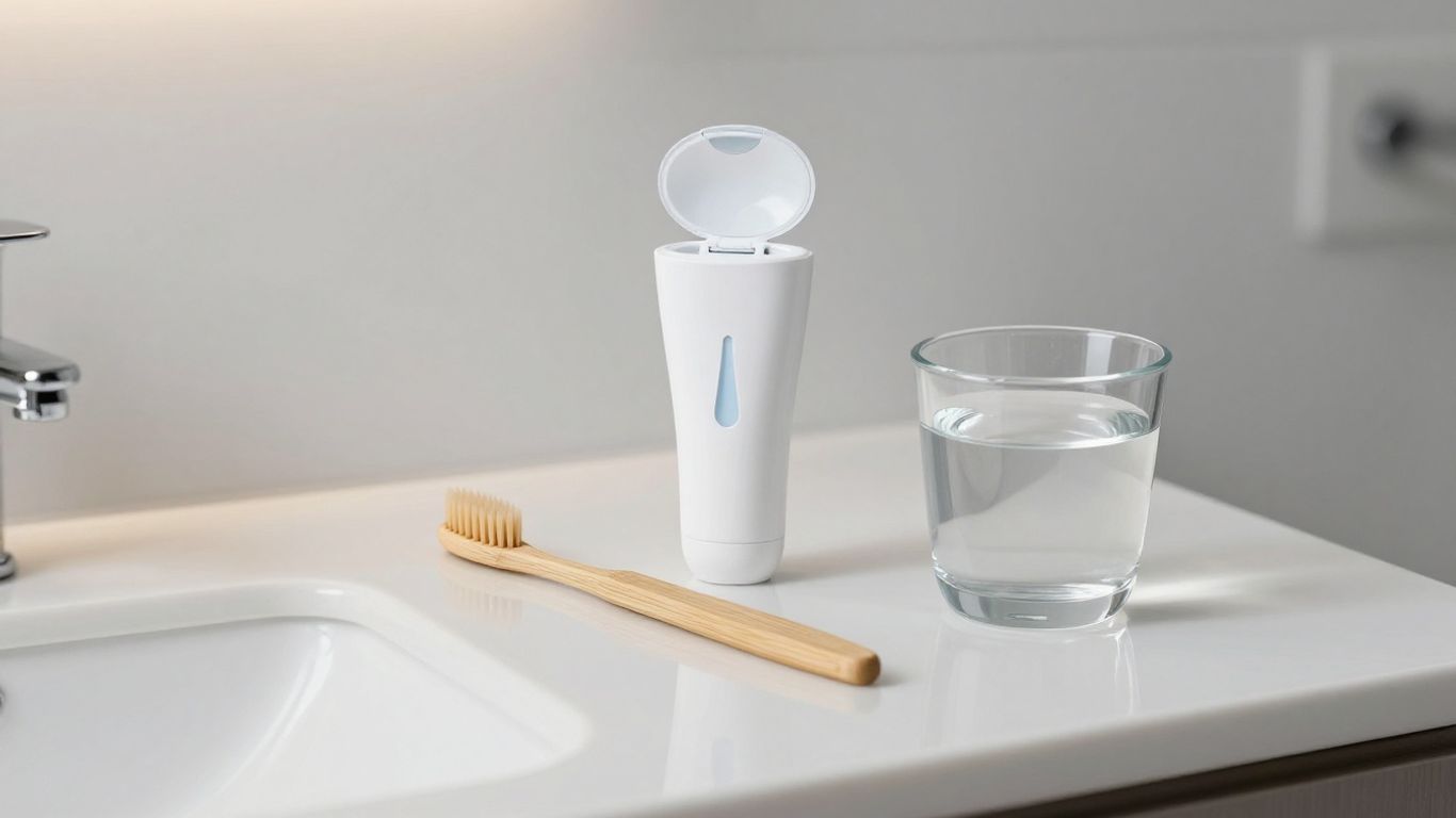 A clean, professional bathroom setting with high-quality dental care products.
