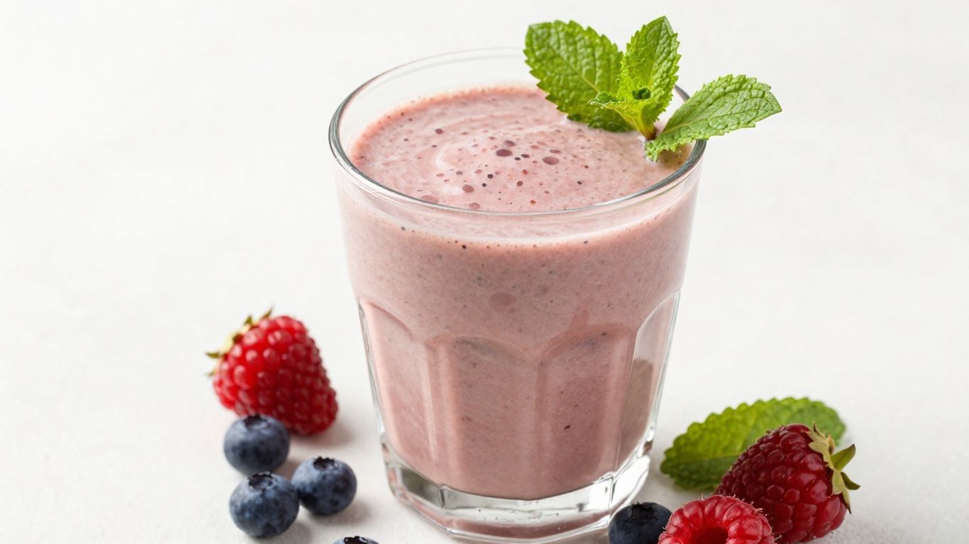 Healthy Herbalife shake with fresh fruit and mint.