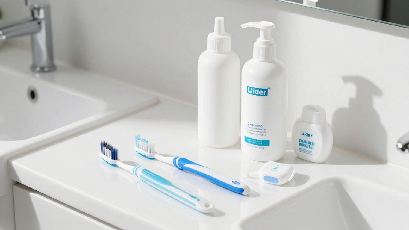 Modern toothcare products arranged on a clean bathroom counter.