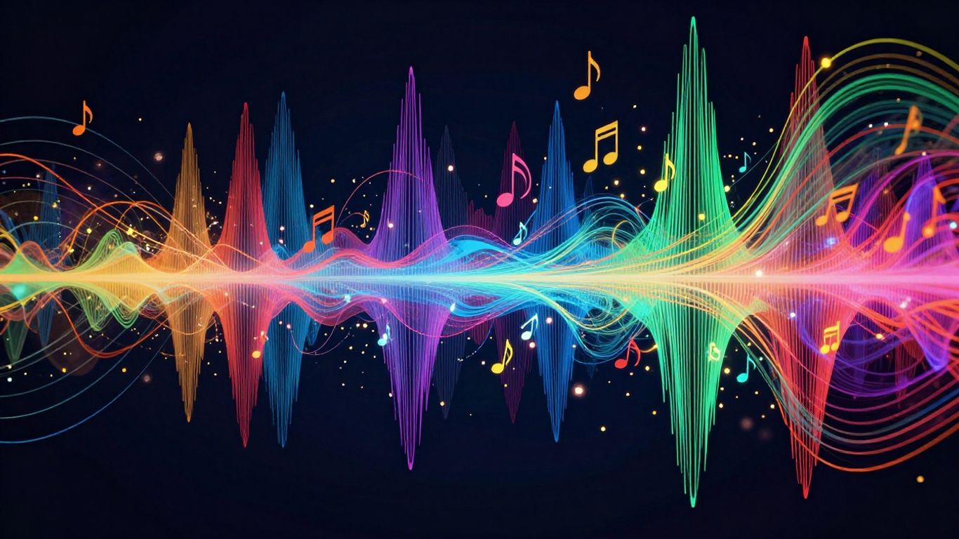 Abstract sound waves turning into colorful music notes.