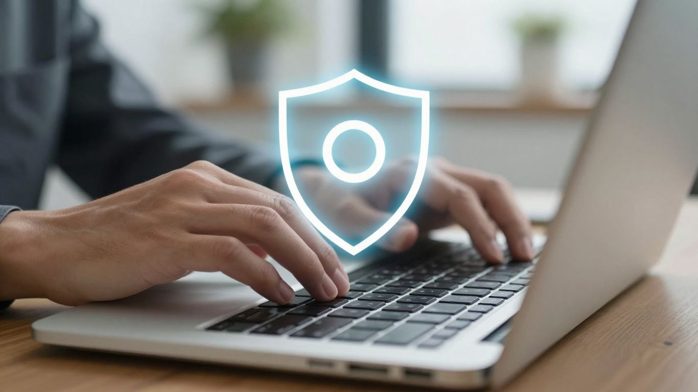 Hands on keyboard with digital shield protecting against phishing.