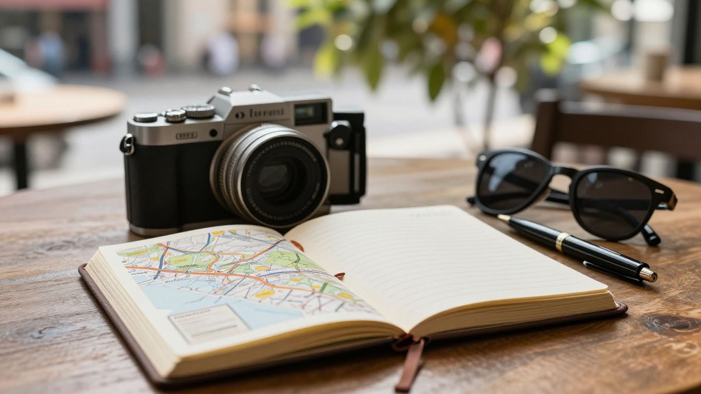 Open travel journal beside a map and camera