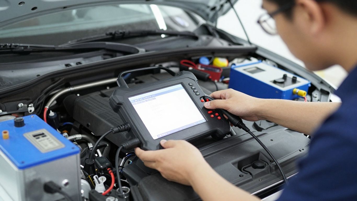Technician scanning Audi engine diagnostics