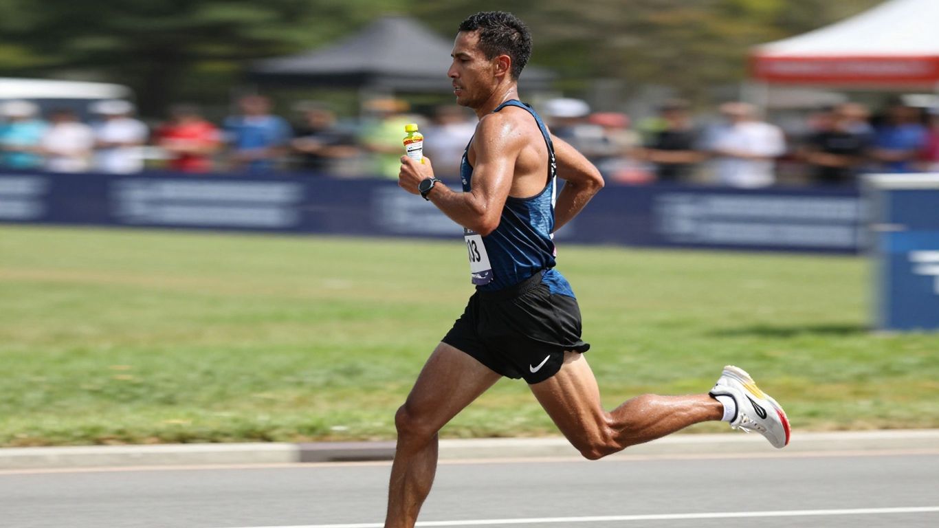 Runner consuming energy gel during a half marathon race.