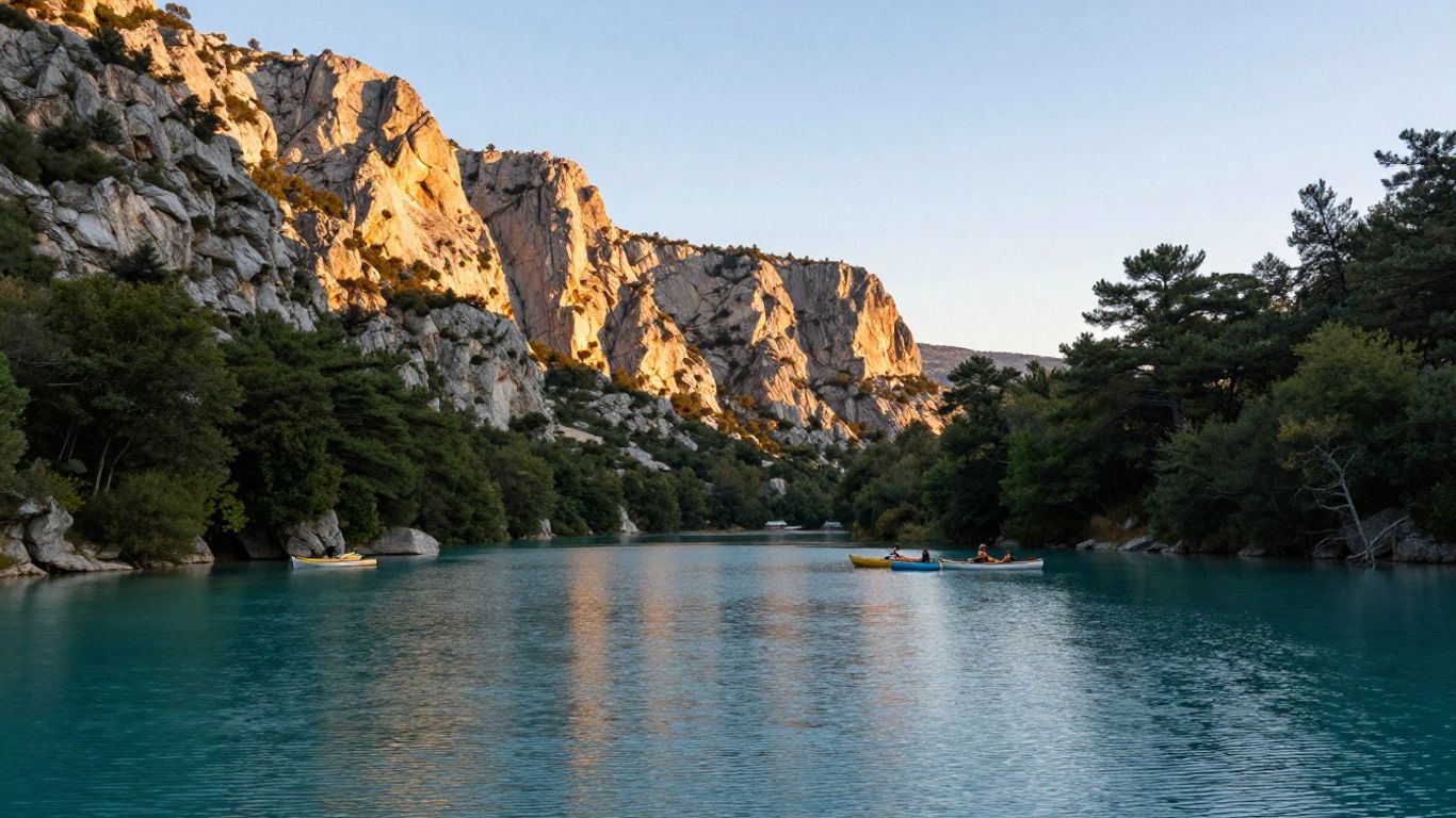 Turquoise lake, paddlers, and sunlit Provence cliffs