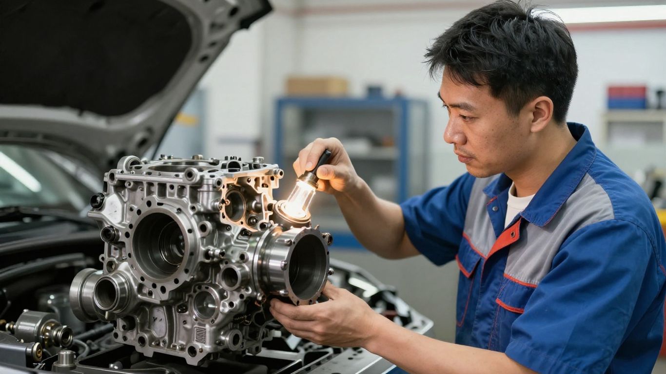 A mechanic inspecting used car engine components