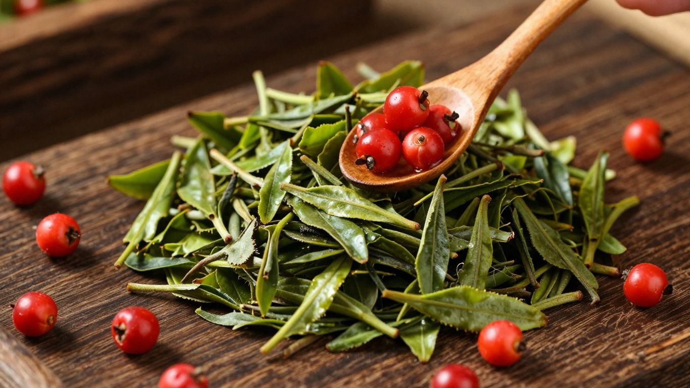 Assorted green tea leaves and red guarana berries