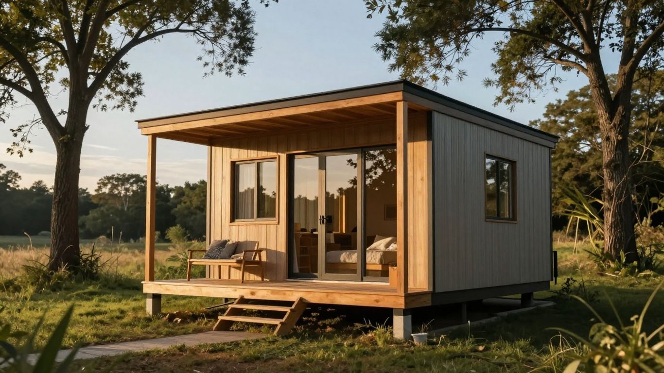 Modern tiny house in a scenic, sunny landscape.