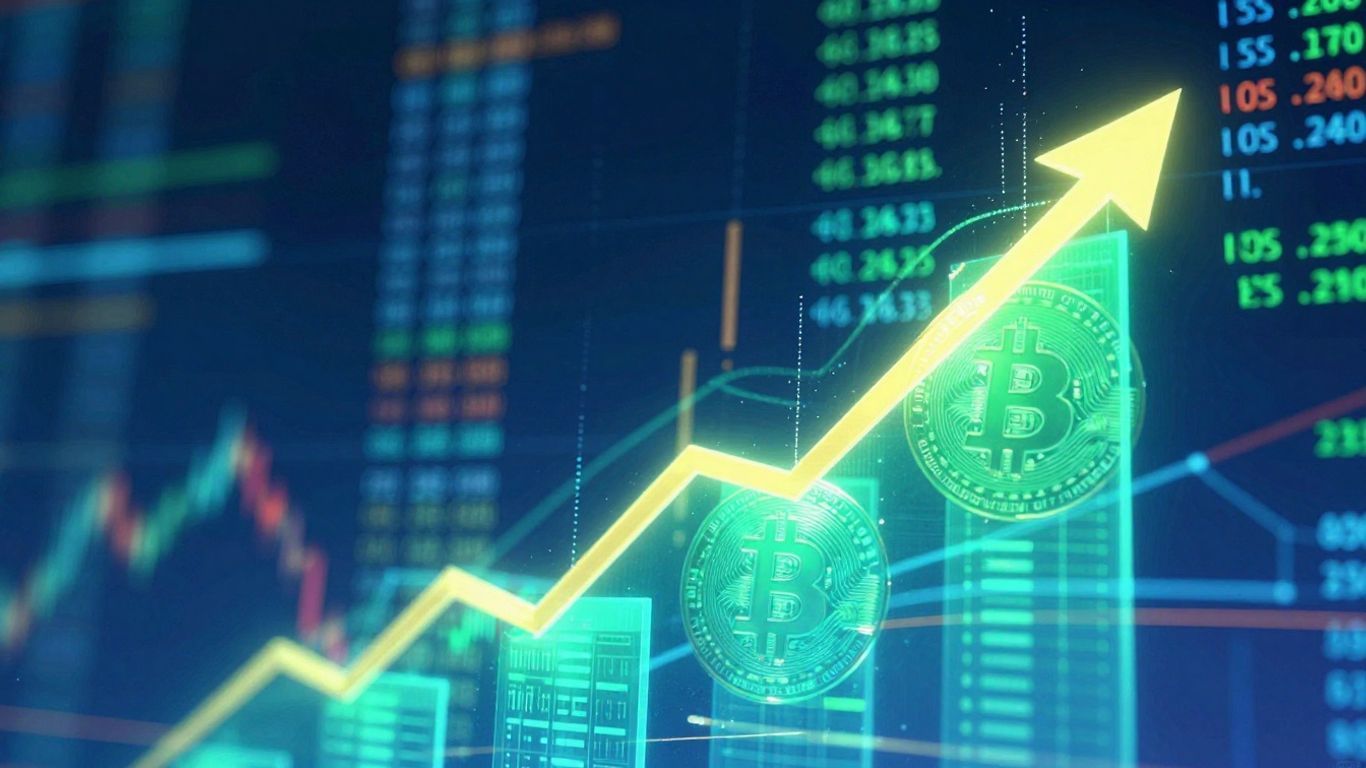 Cryptocurrency growth with glowing digital assets and upward trends.