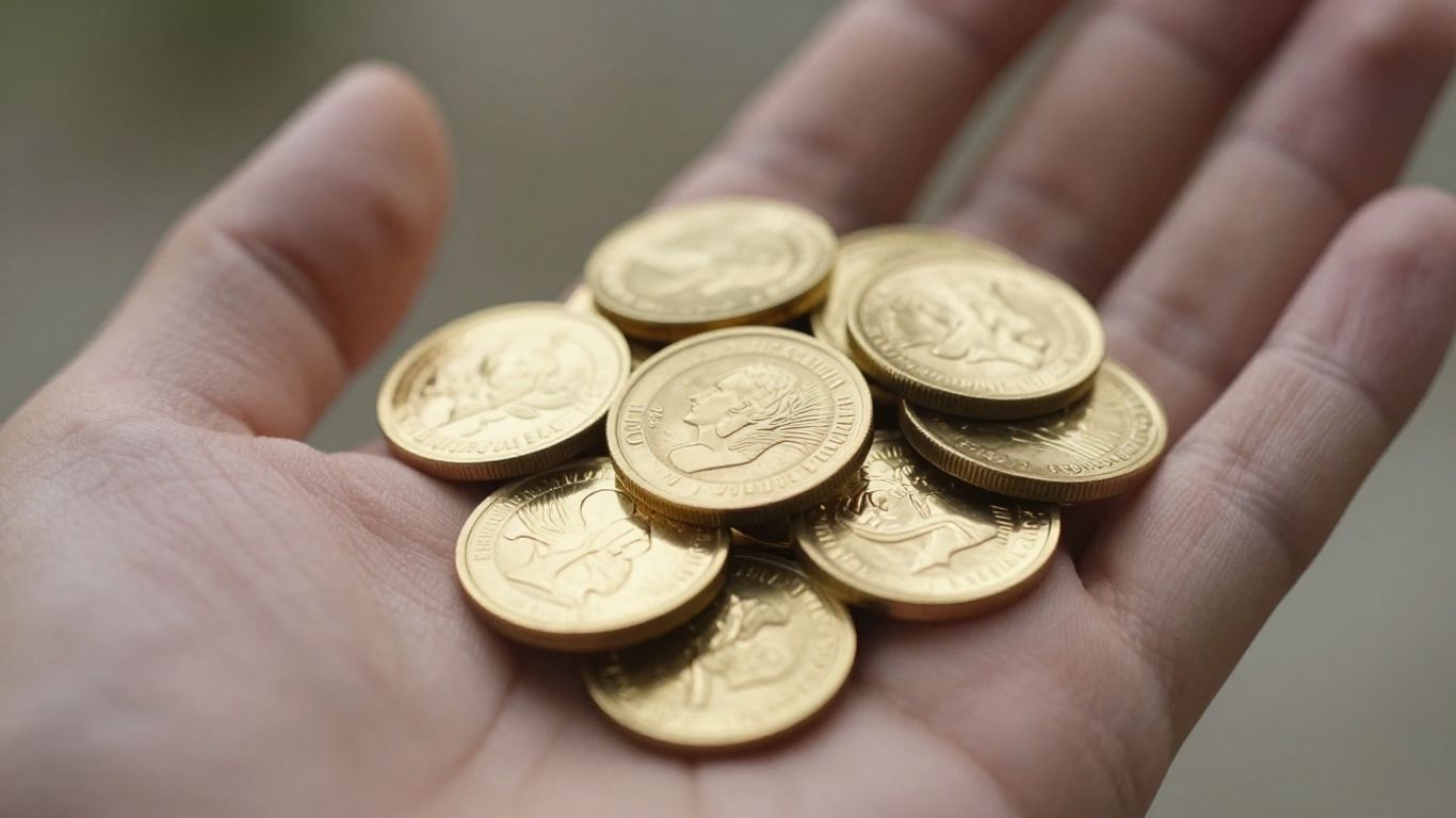 Main d'une personne tenant des pièces d'or brillantes.