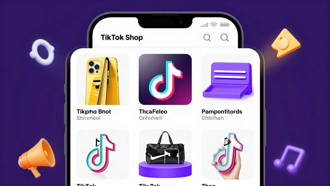 TikTok Shop interface with glowing product displays.