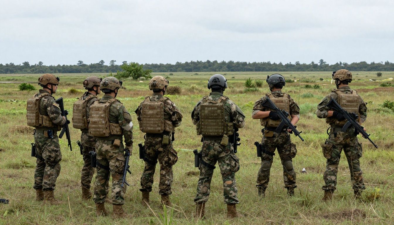 Equipe de operações táticas se comunicando em uma base fortificada durante a defesa