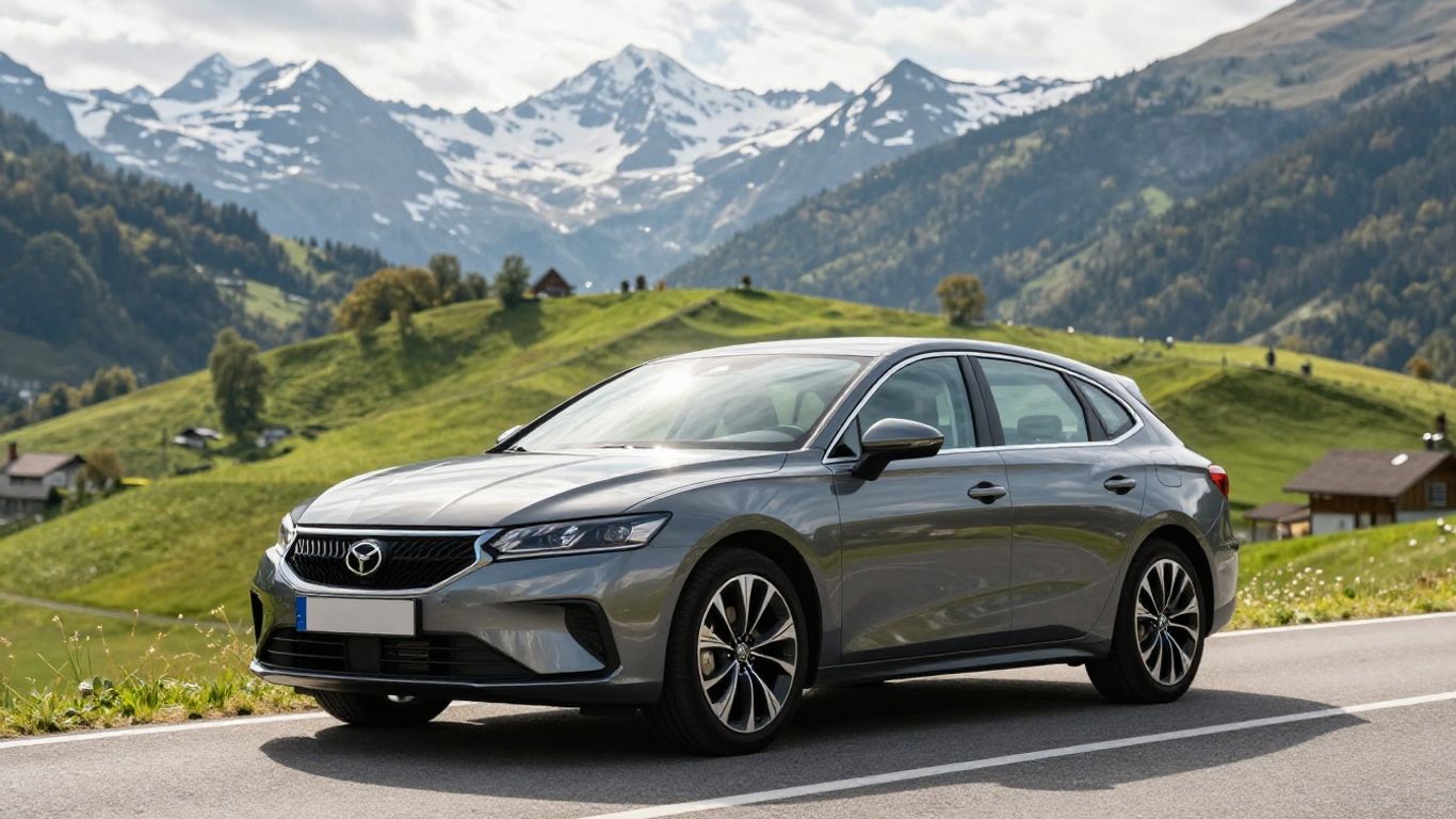 Auto auf Schweizer Bergstraße mit Alpenpanorama
